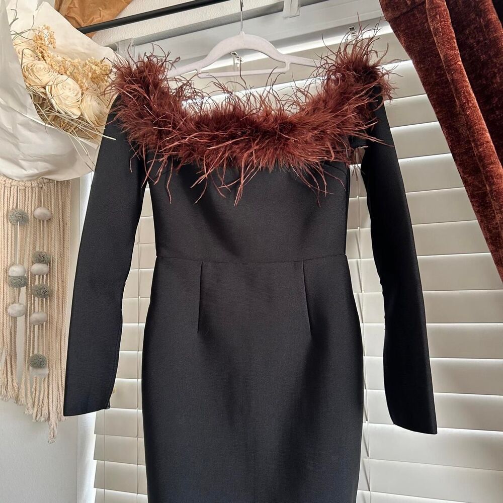 Mew Mews Black Feather Trim Maxi Dress Gown Medium Formal Cocktail Old Hollywood - Picture 3 of 8
